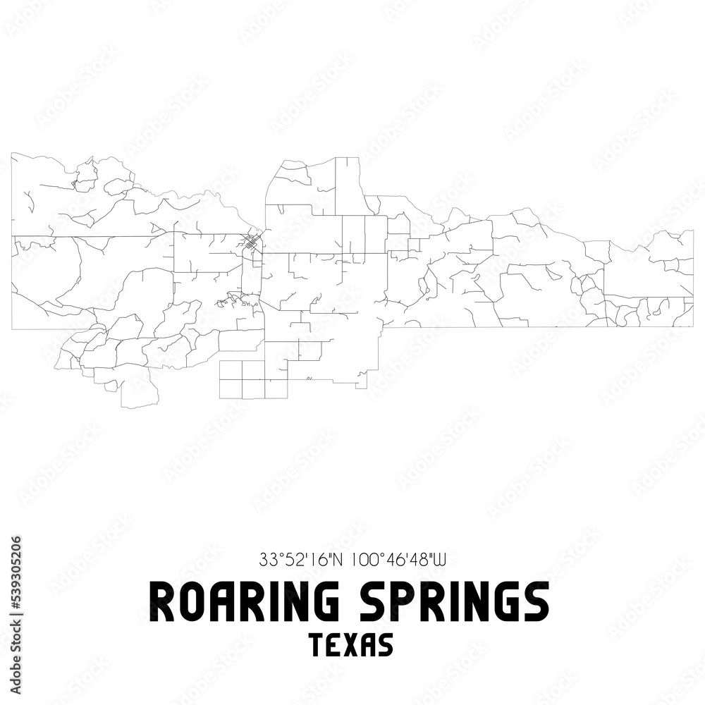 Roaring Springs Texas. US street map with black and white lines.