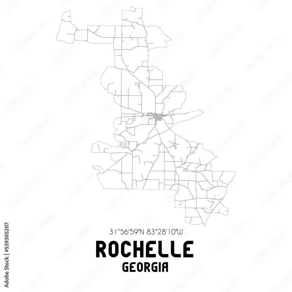 Rochelle Georgia. US street map with black and white lines.