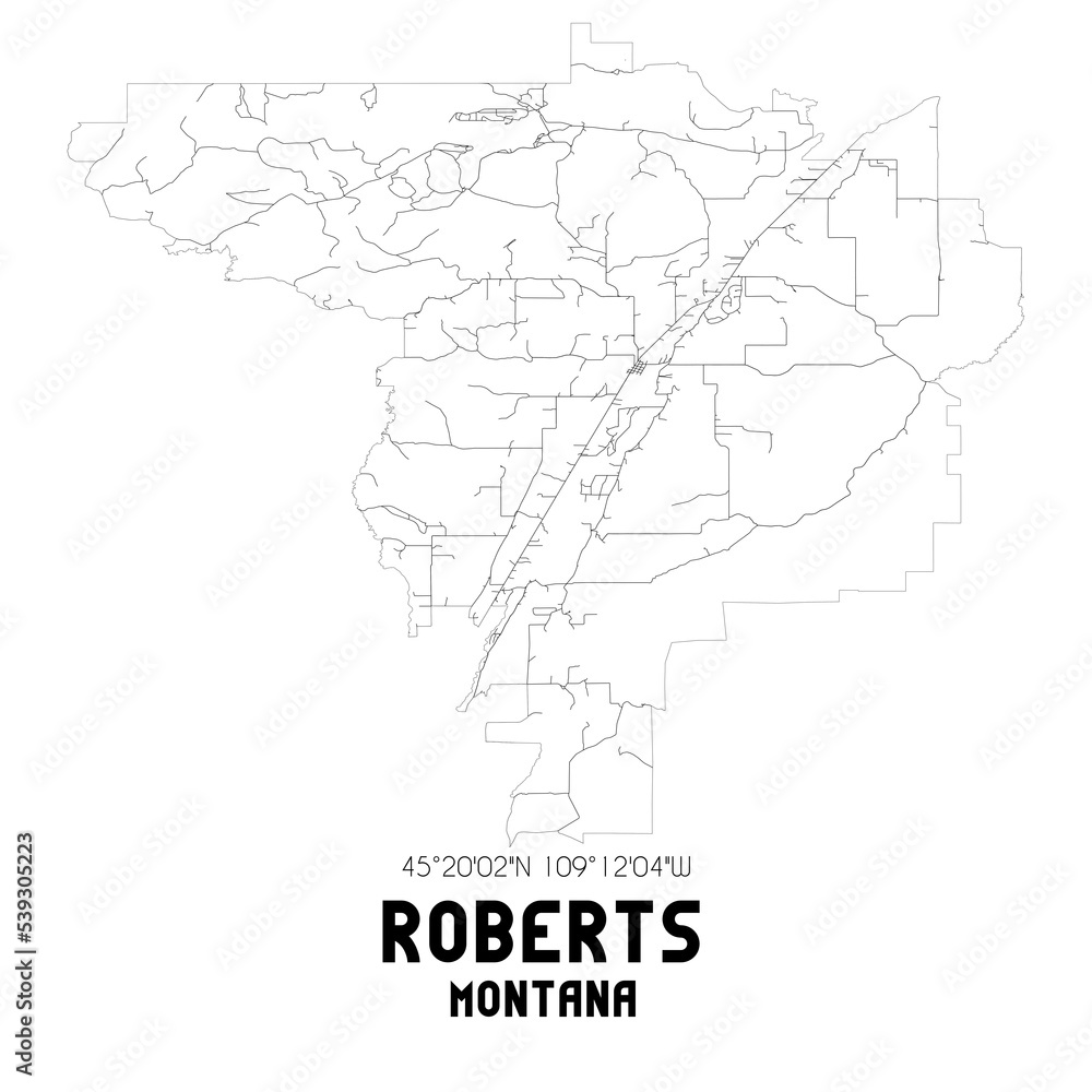 Roberts Montana. US street map with black and white lines.