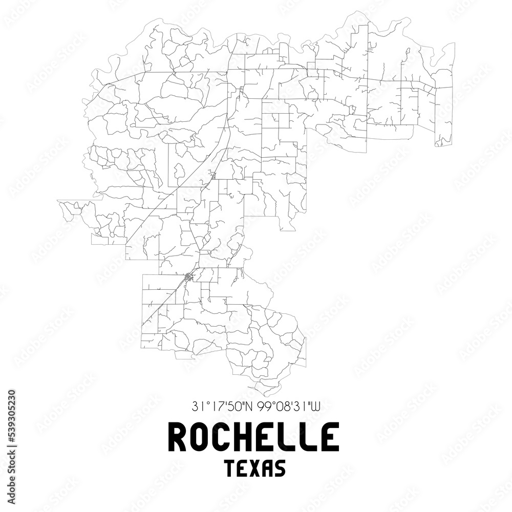 Rochelle Texas. US street map with black and white lines.