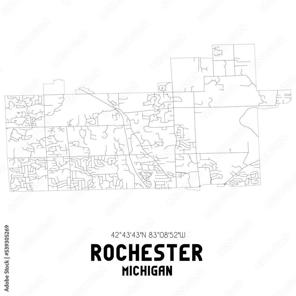 Rochester Michigan. US street map with black and white lines.