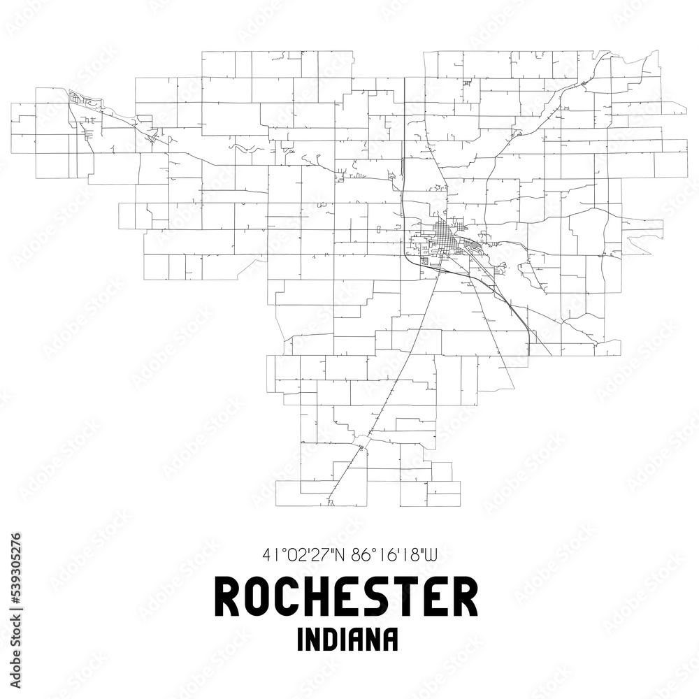 Rochester Indiana. US street map with black and white lines.