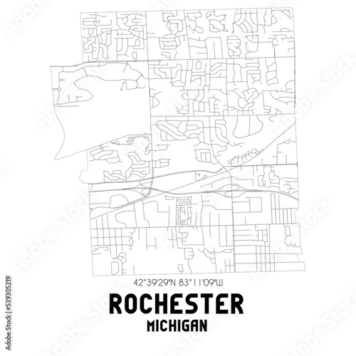 Rochester Michigan. US street map with black and white lines.