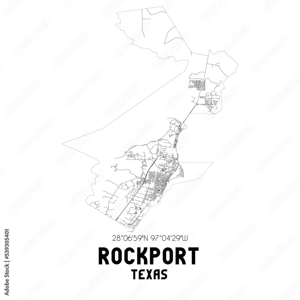 Rockport Texas. US street map with black and white lines.