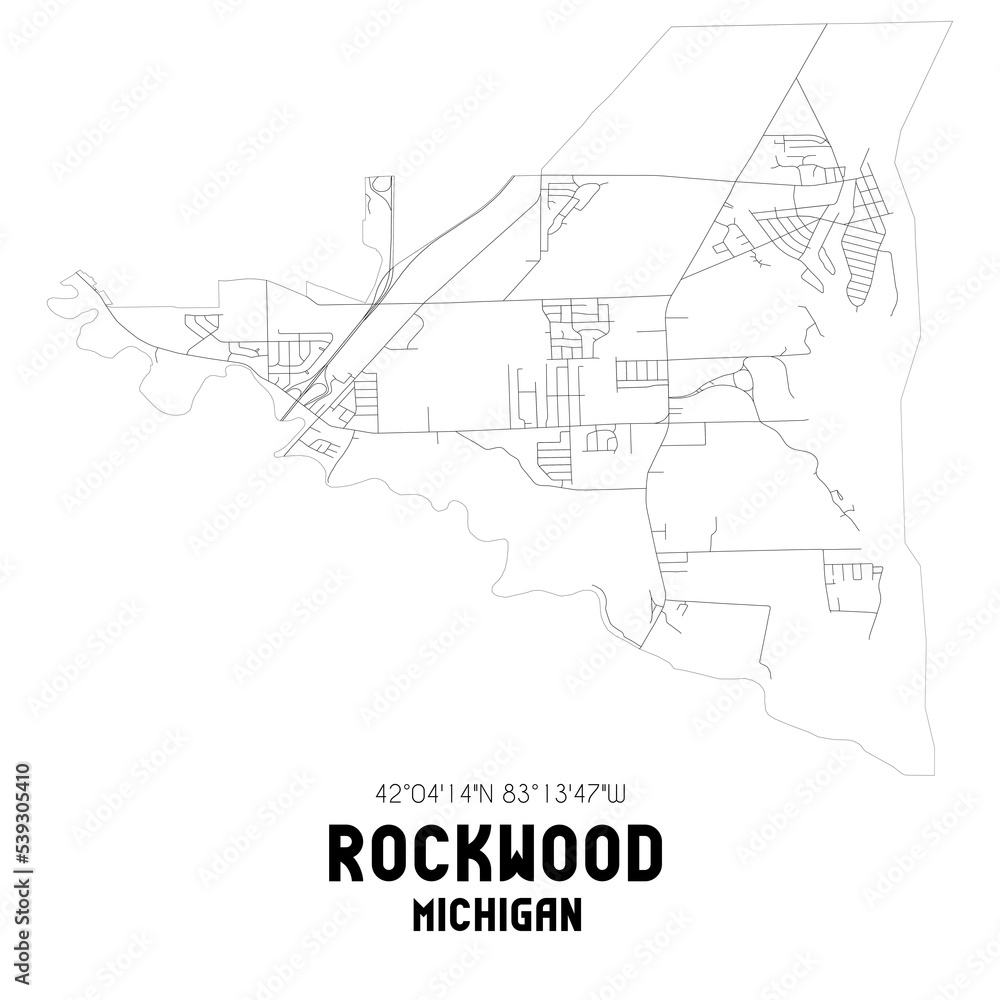 Rockwood Michigan. US street map with black and white lines.