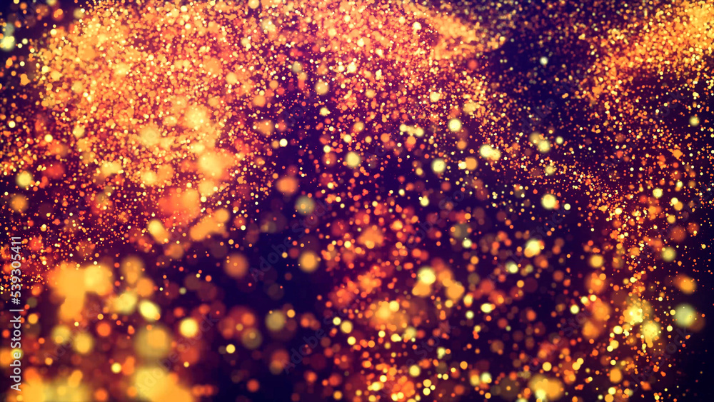 Abstract bg, golden magic glitters fly in air form beautiful swirls. Fiery sparkles float in viscous liquid. Sparkles in flow of turbulence force. 3d render