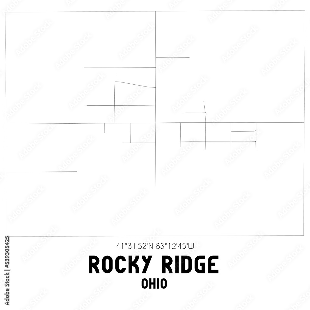 Rocky Ridge Ohio. US street map with black and white lines.
