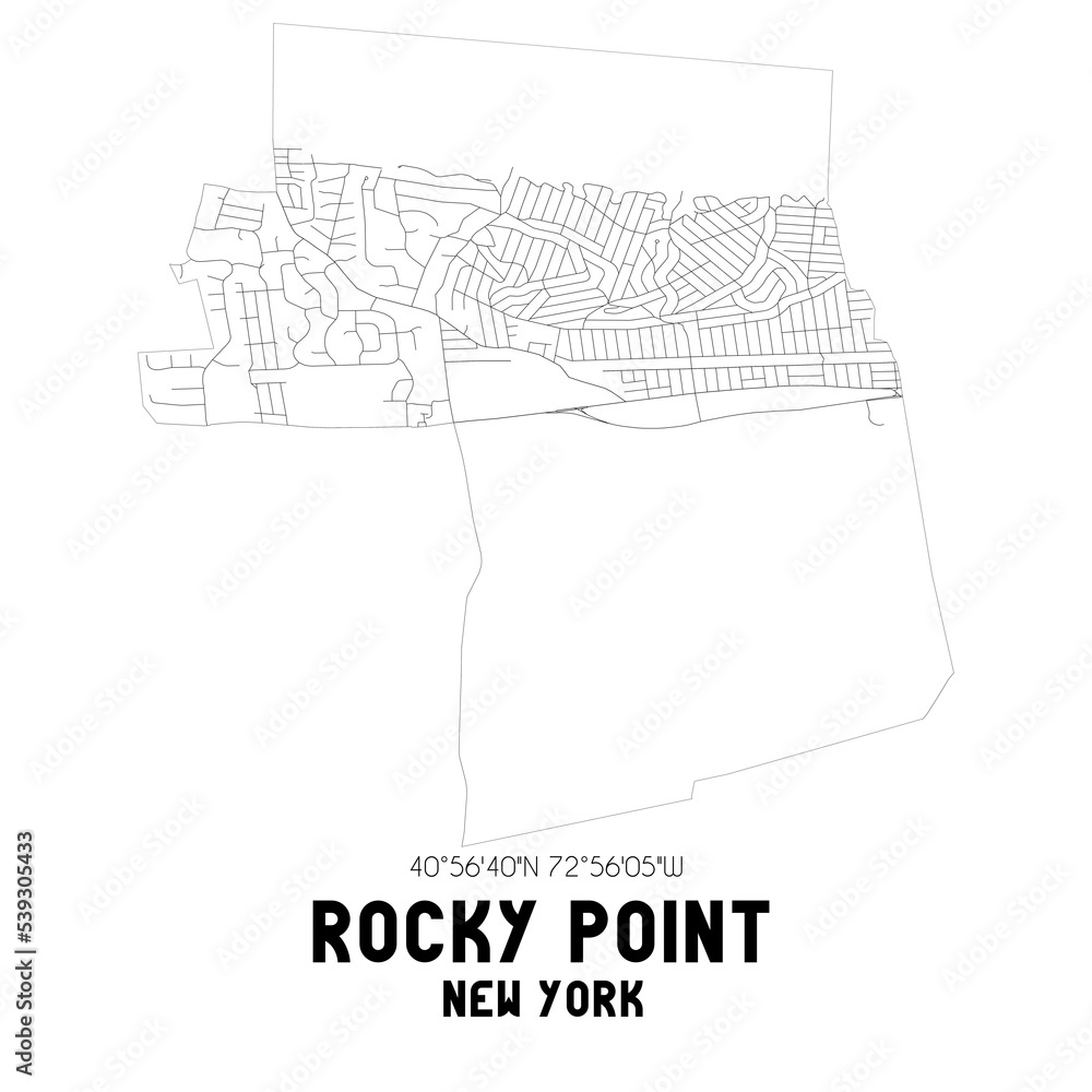 Rocky Point New York. US street map with black and white lines.