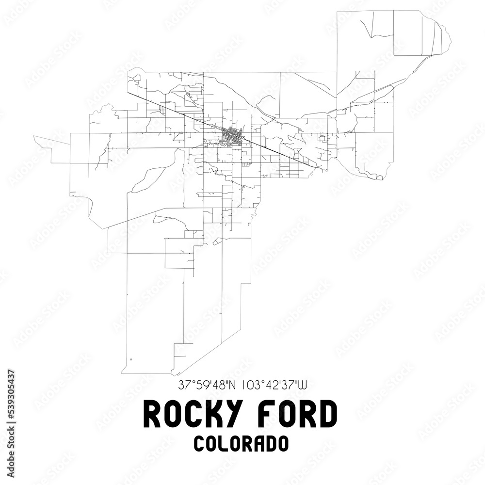 Rocky Ford Colorado. US street map with black and white lines.