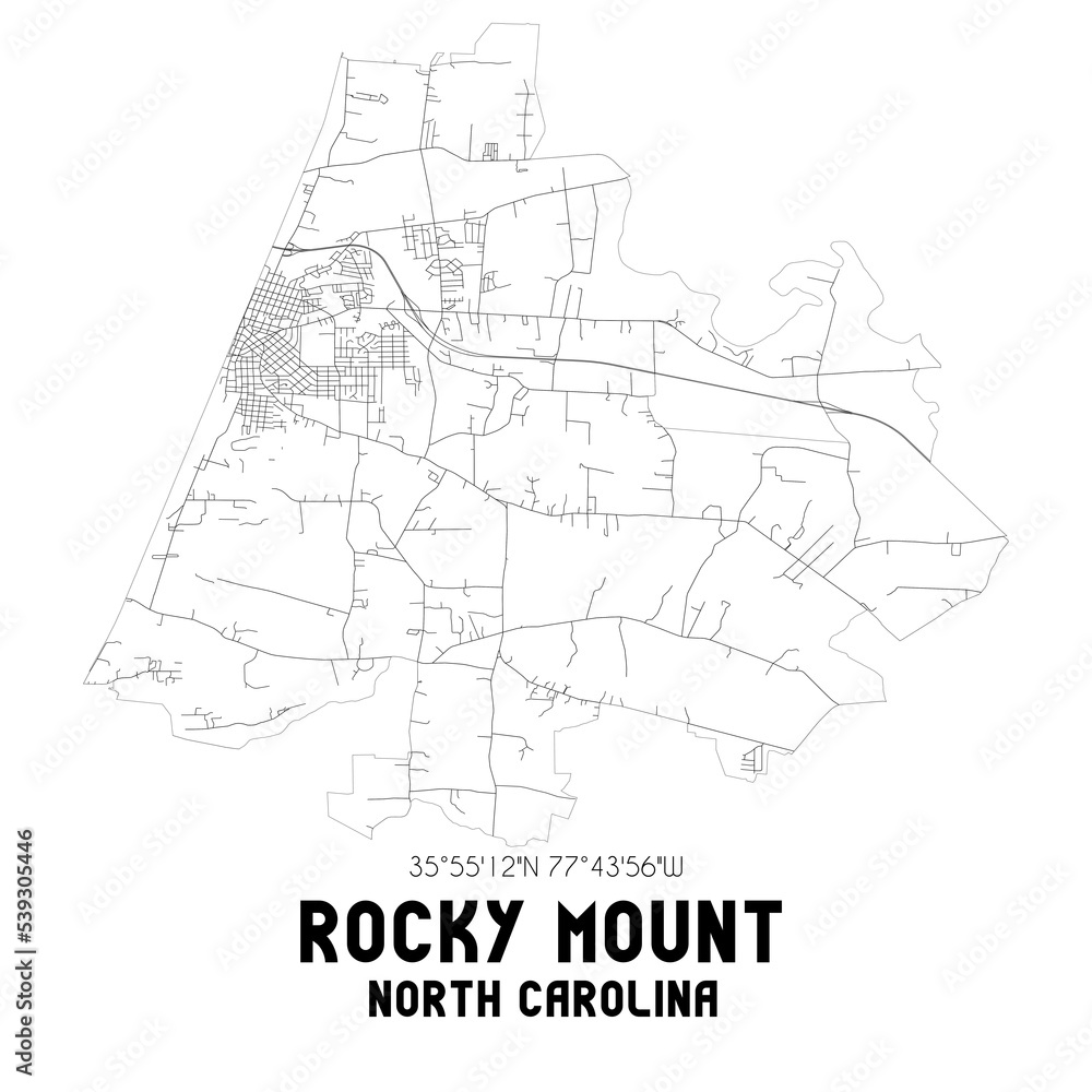 Rocky Mount North Carolina. US street map with black and white lines.