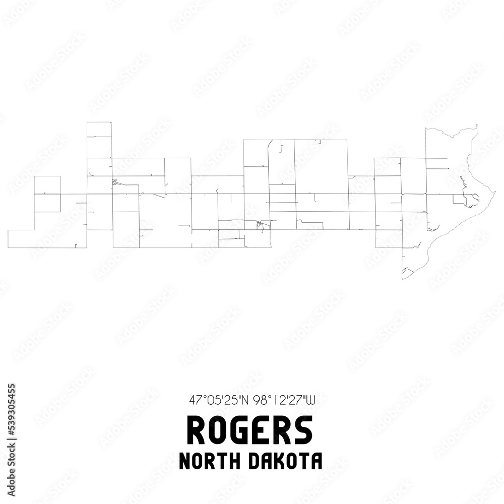 Rogers North Dakota. US street map with black and white lines.