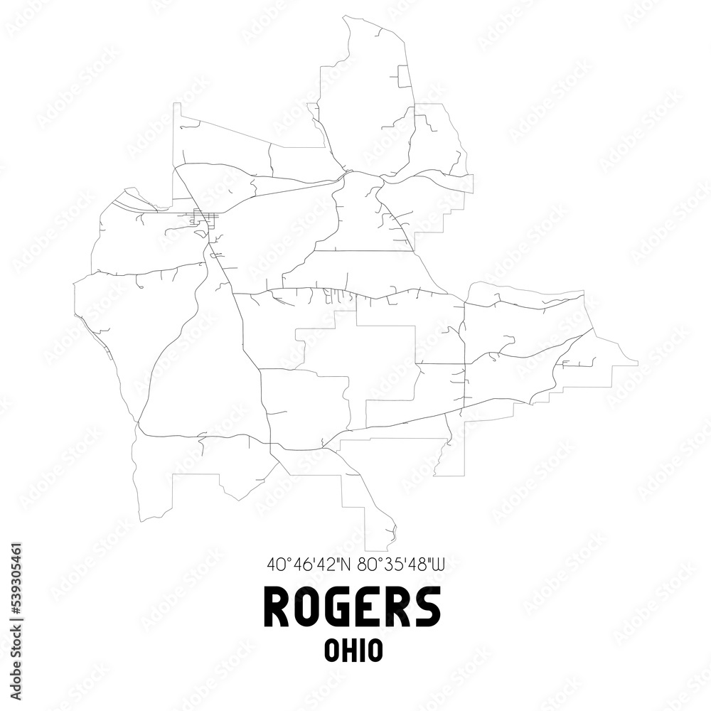 Rogers Ohio. US street map with black and white lines.