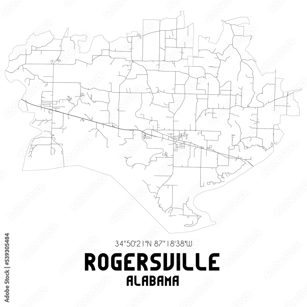 Rogersville Alabama. US street map with black and white lines.