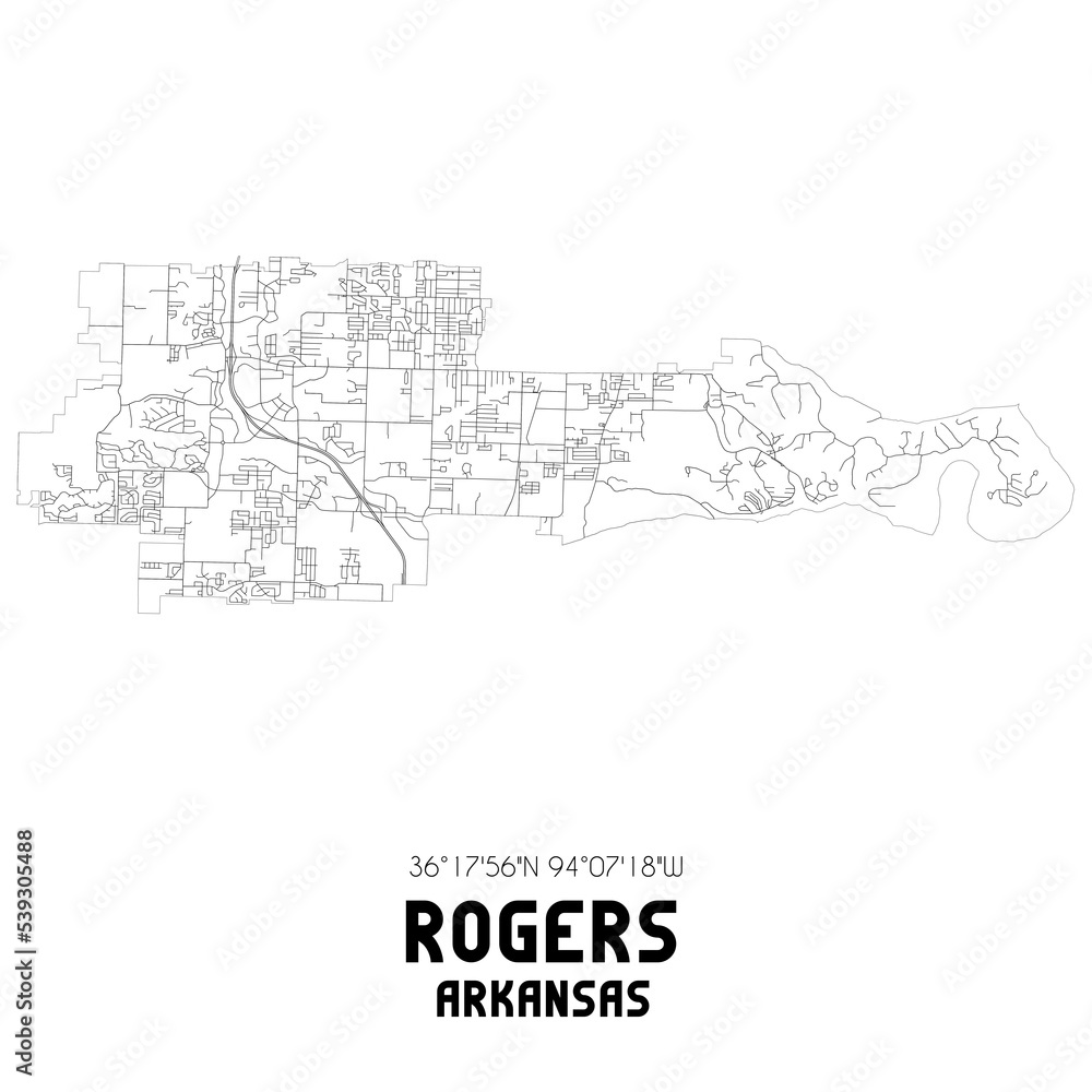 Rogers Arkansas. US street map with black and white lines.
