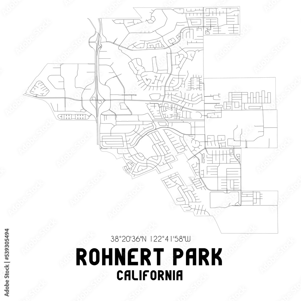 Rohnert Park California. US street map with black and white lines.