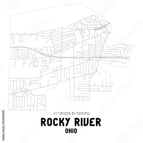 Rocky River Ohio. US street map with black and white lines.