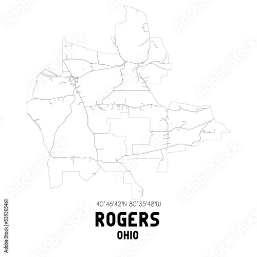 Rogers Ohio. US street map with black and white lines.