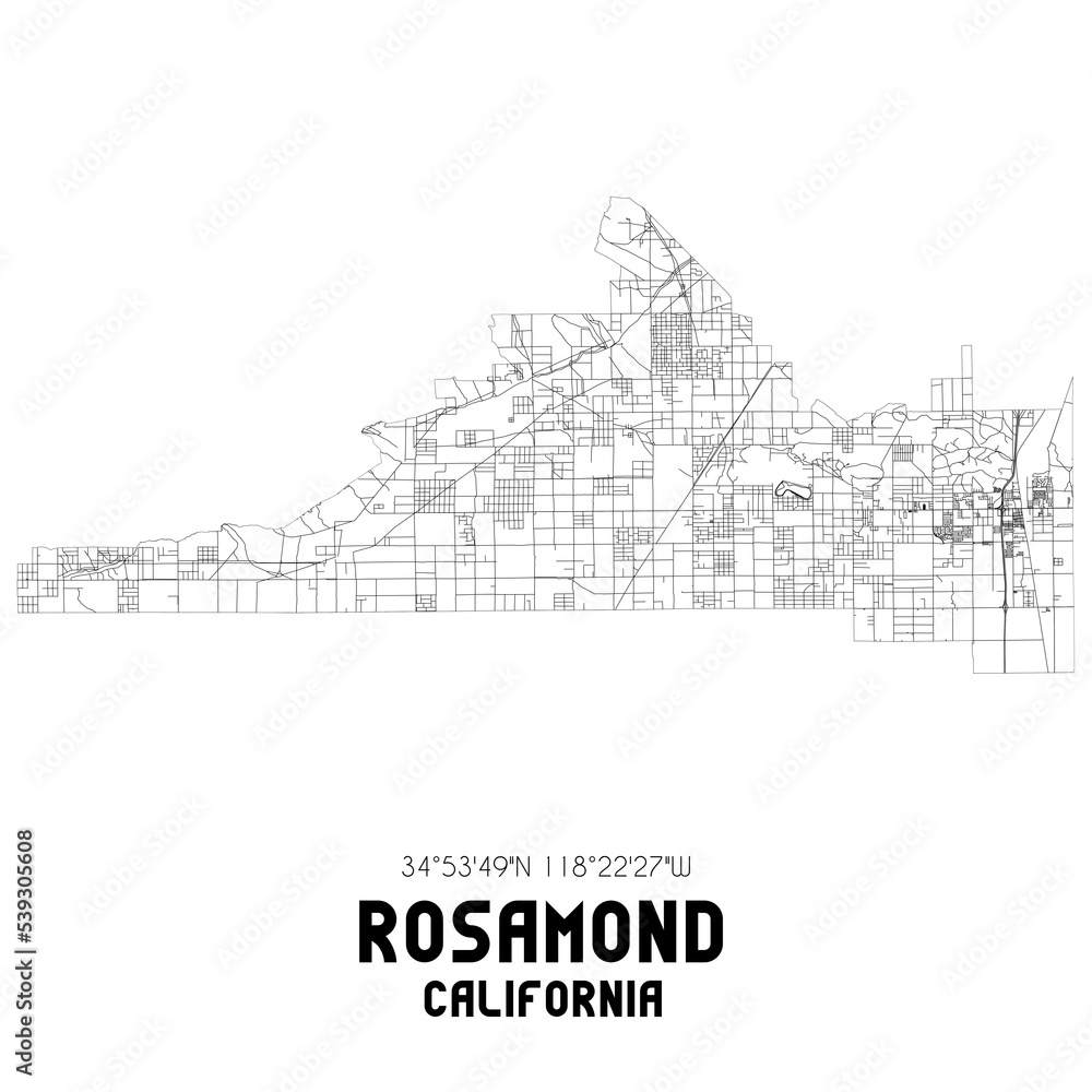 Rosamond California. US street map with black and white lines.