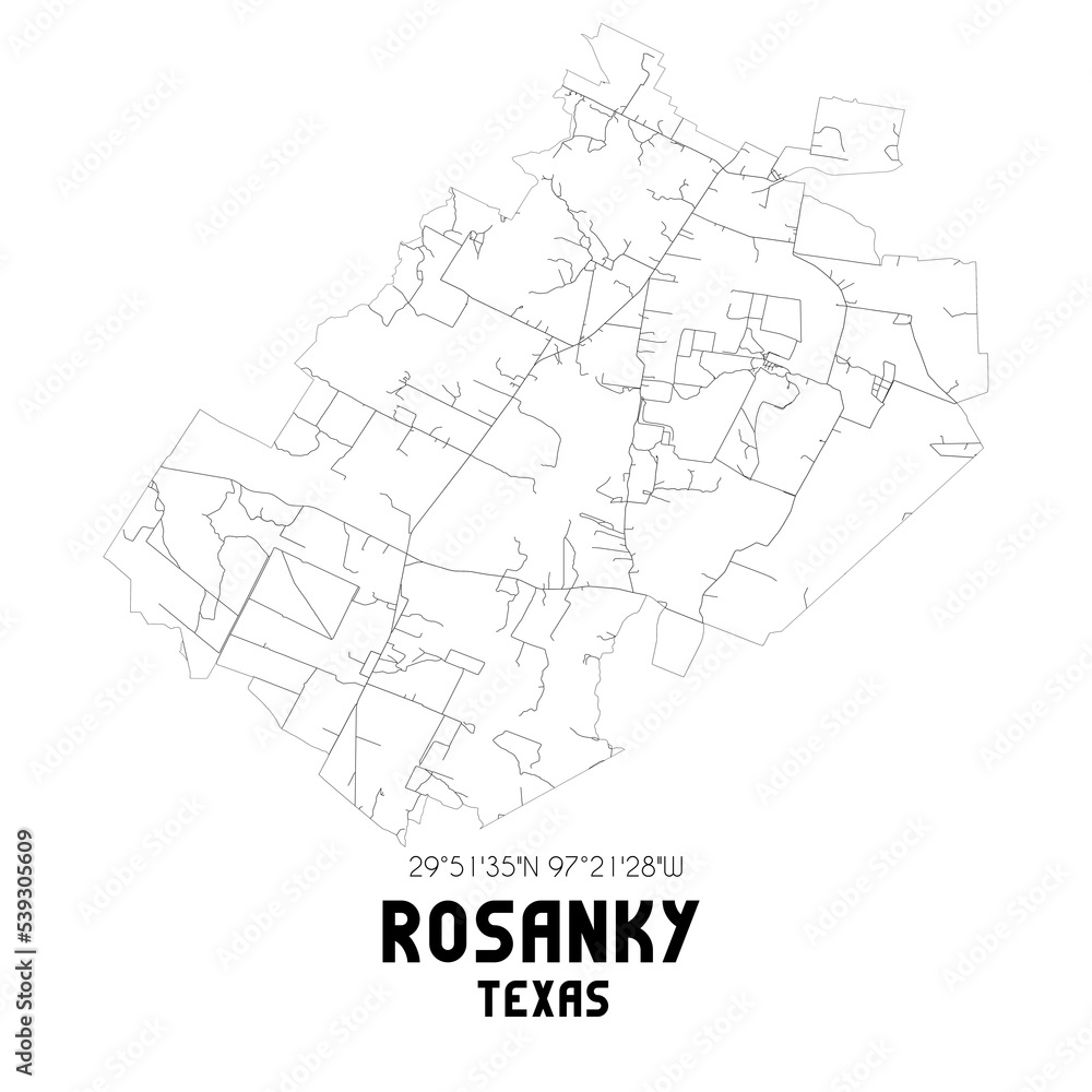 Rosanky Texas. US street map with black and white lines.