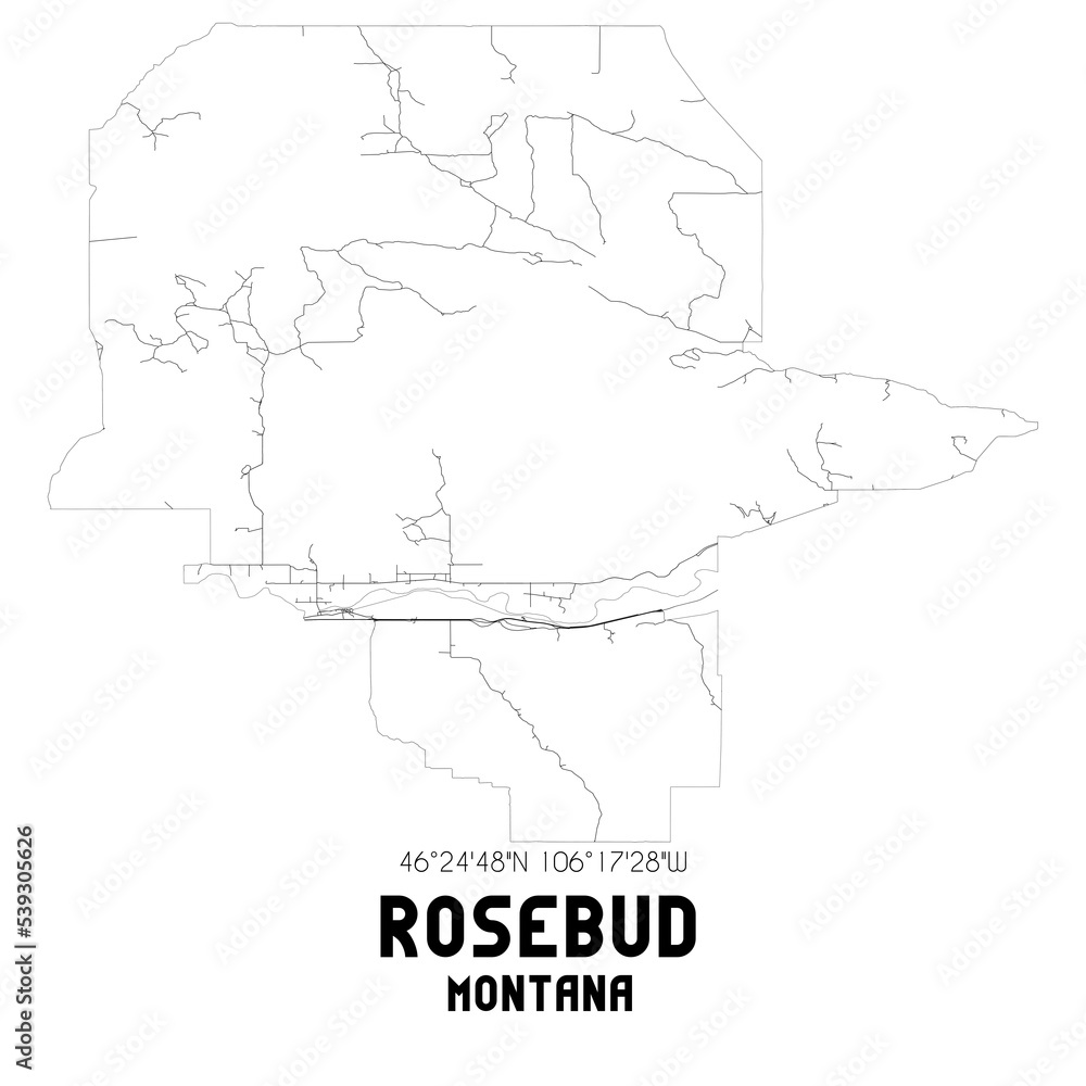 Rosebud Montana. US street map with black and white lines.