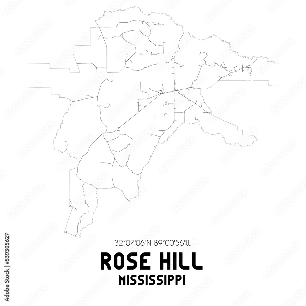 Rose Hill Mississippi. US street map with black and white lines.