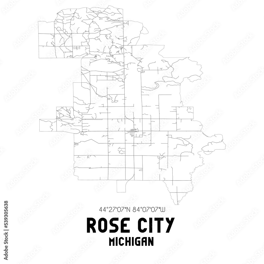 Rose City Michigan. US street map with black and white lines.