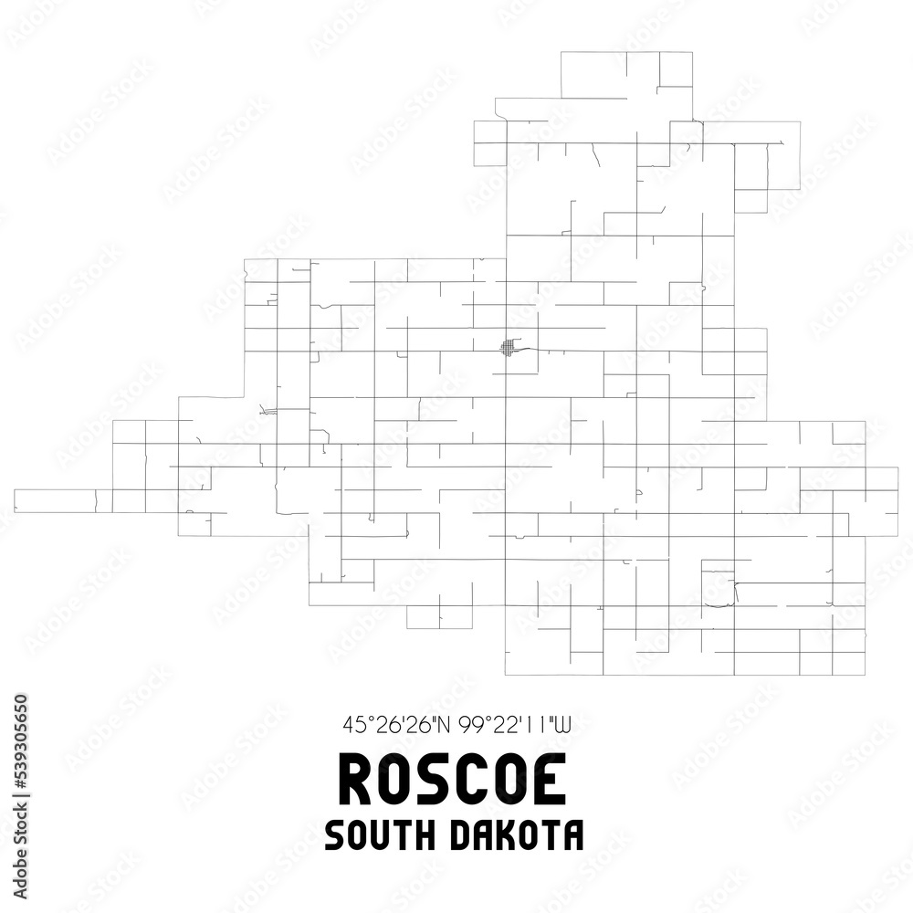 Roscoe South Dakota. US street map with black and white lines.