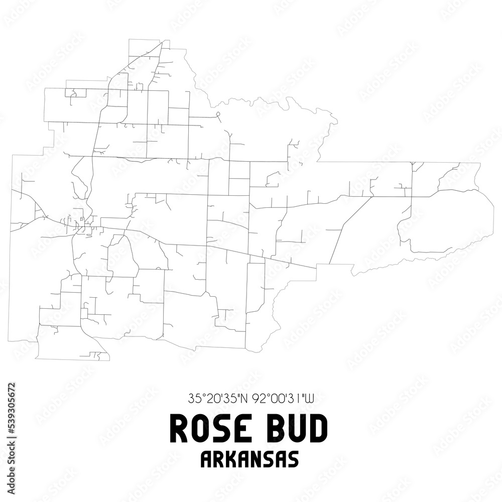 Rose Bud Arkansas. US street map with black and white lines.