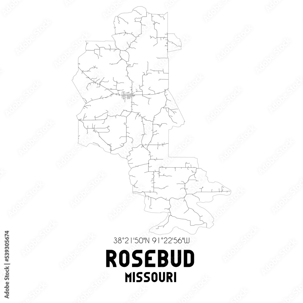 Rosebud Missouri. US street map with black and white lines. Rosebud Missouri. US street map with black and white lines.