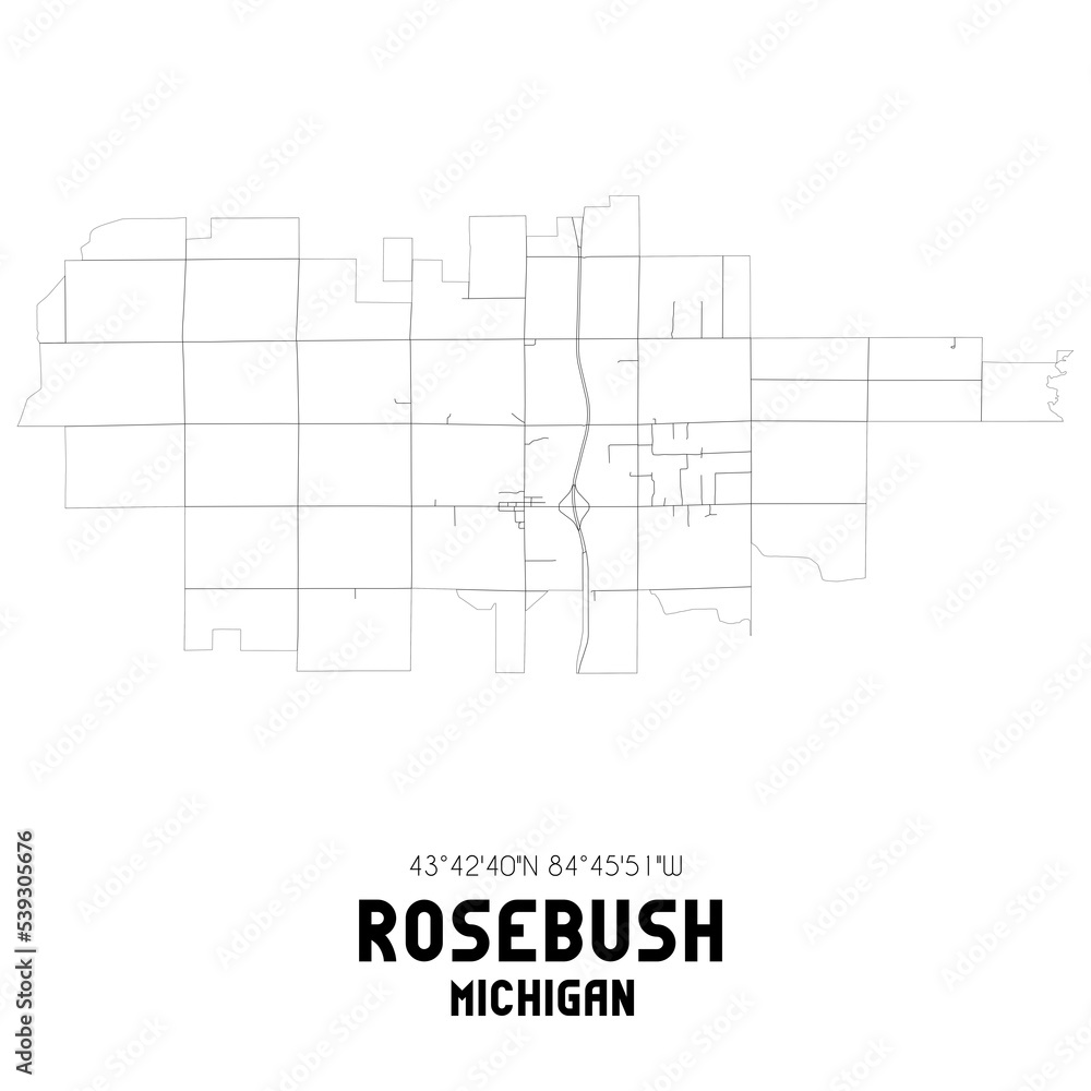 Rosebush Michigan. US street map with black and white lines.