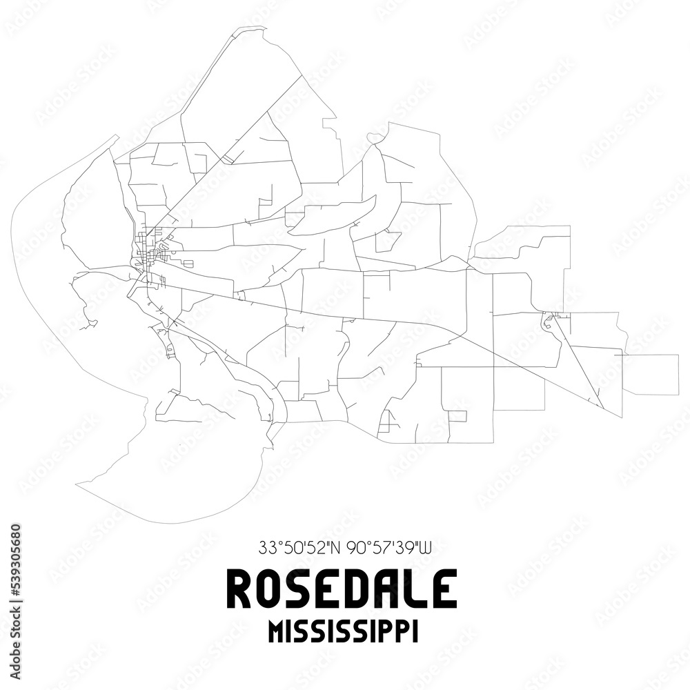 Rosedale Mississippi. US street map with black and white lines.