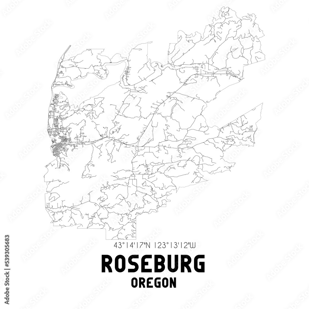 Roseburg Oregon. US street map with black and white lines.