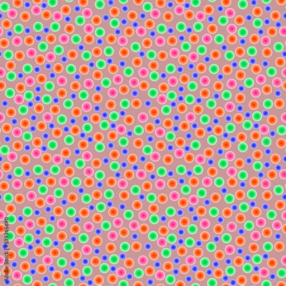 Abstract seamless pattern with colorful voluminous different balls on pink.Illustration of overlapping polka pattern for background ornament.For invitation,flyer,banner,baby textile,fabric,wrapping Abstract seamless pattern with colorful voluminous different balls on pink.Illustration of overlapping polka pattern for background ornament.For invitation,flyer,banner,baby textile,fabric,wrapping