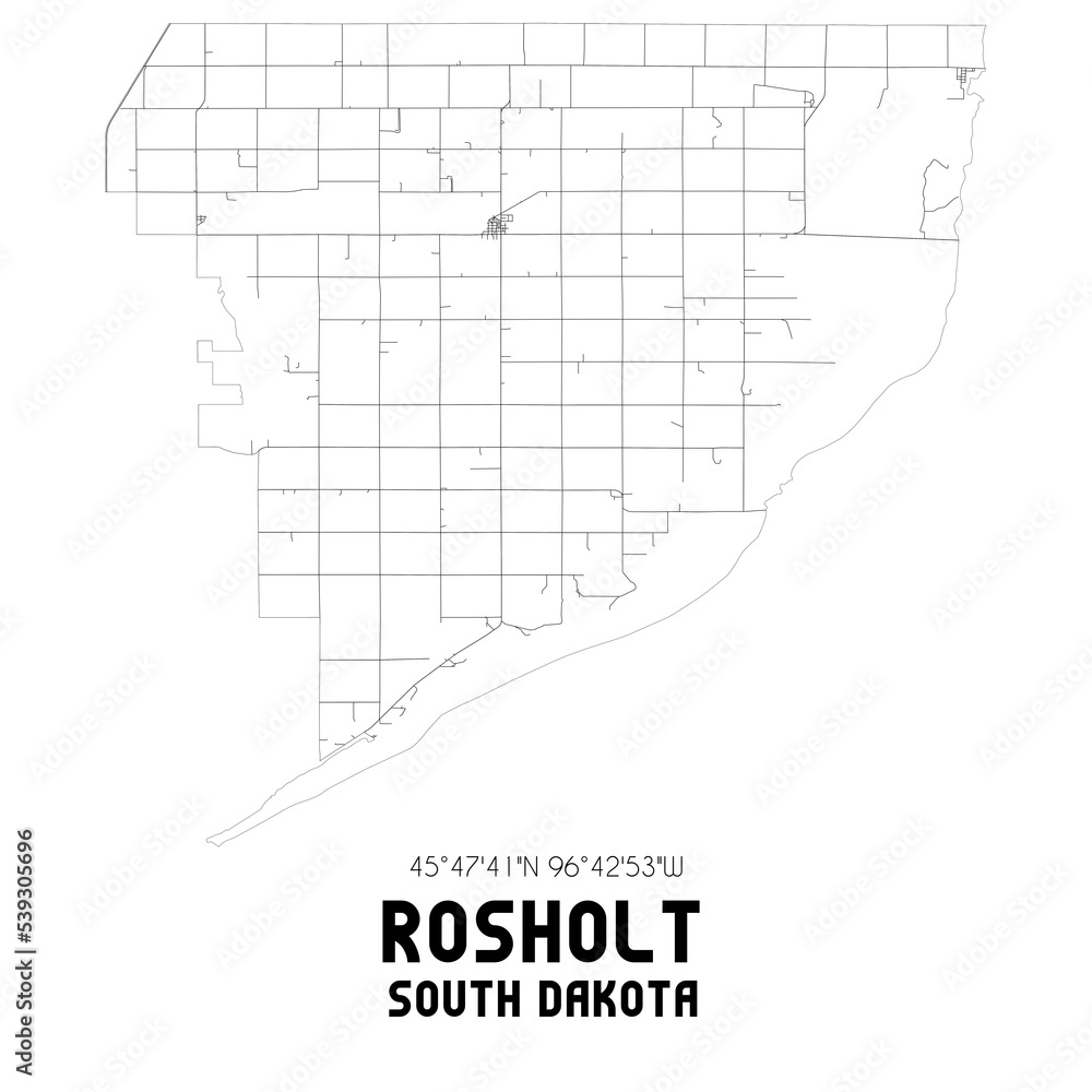 Rosholt South Dakota. US street map with black and white lines.