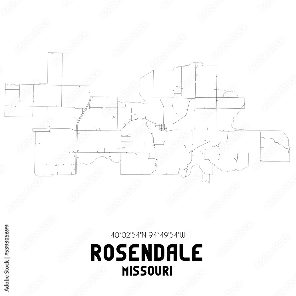 Rosendale Missouri. US street map with black and white lines.