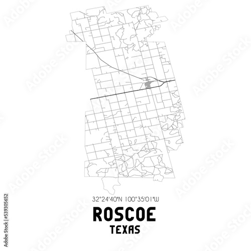 Roscoe Texas. US street map with black and white lines.