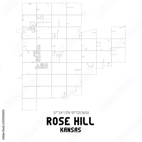 Rose Hill Kansas. US street map with black and white lines.