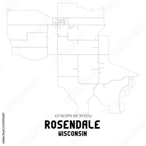 Rosendale Wisconsin. US street map with black and white lines.