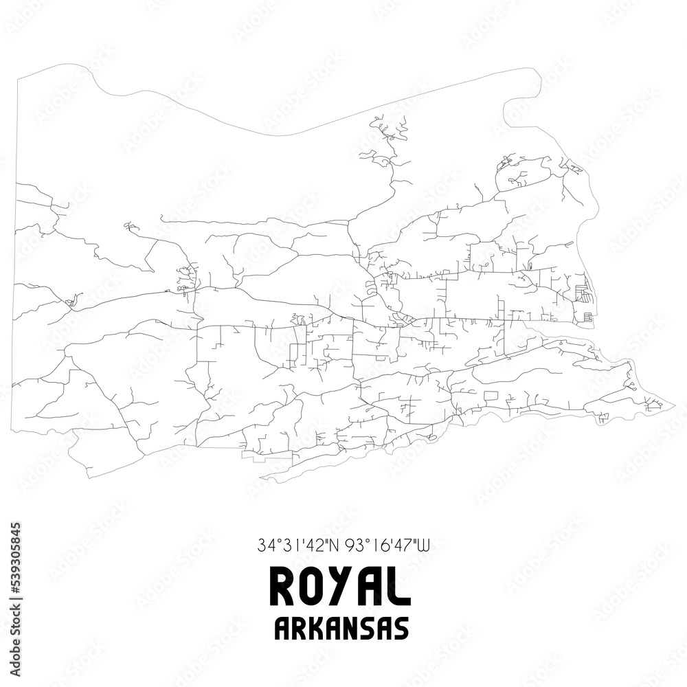 Royal Arkansas. US street map with black and white lines.