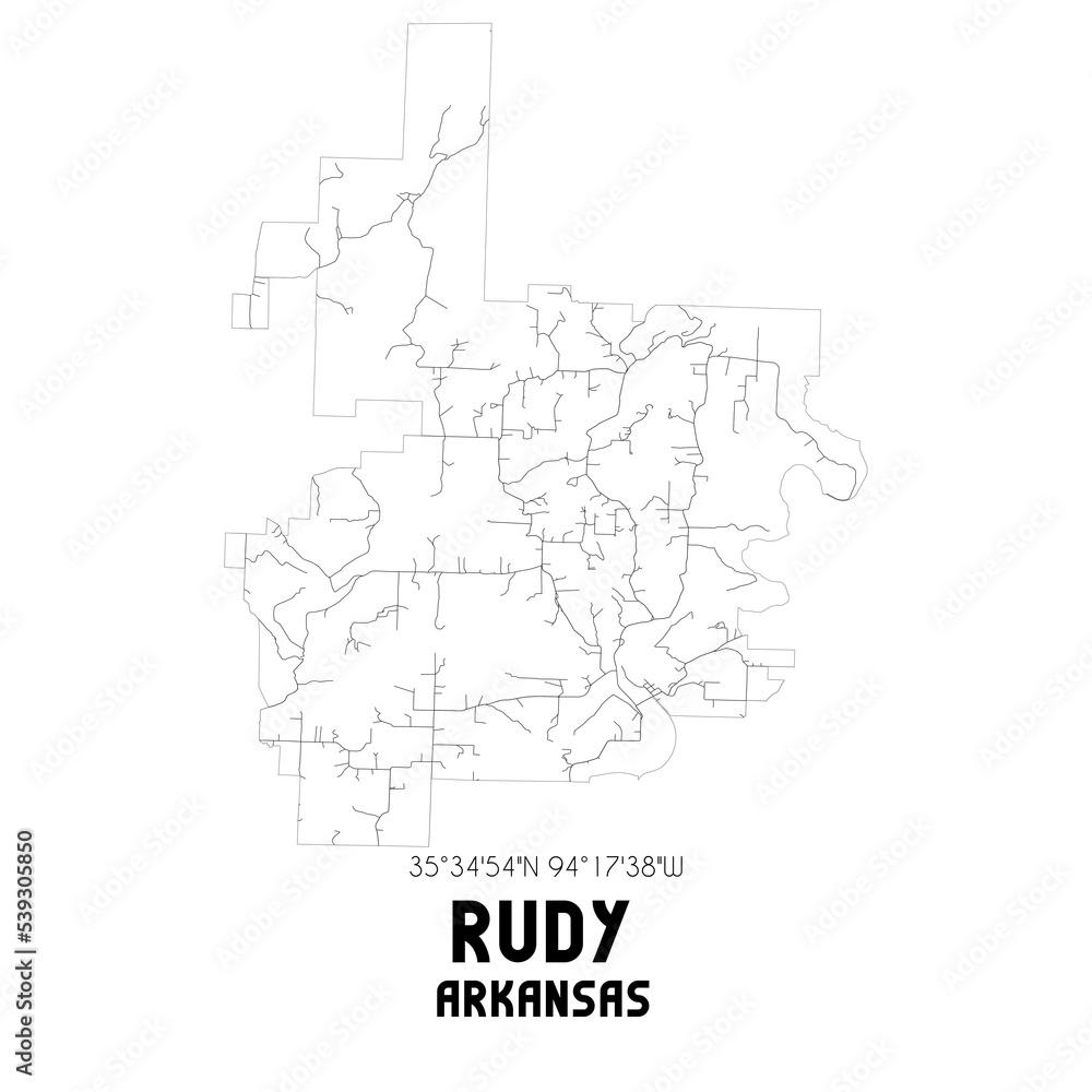 Rudy Arkansas. US street map with black and white lines.