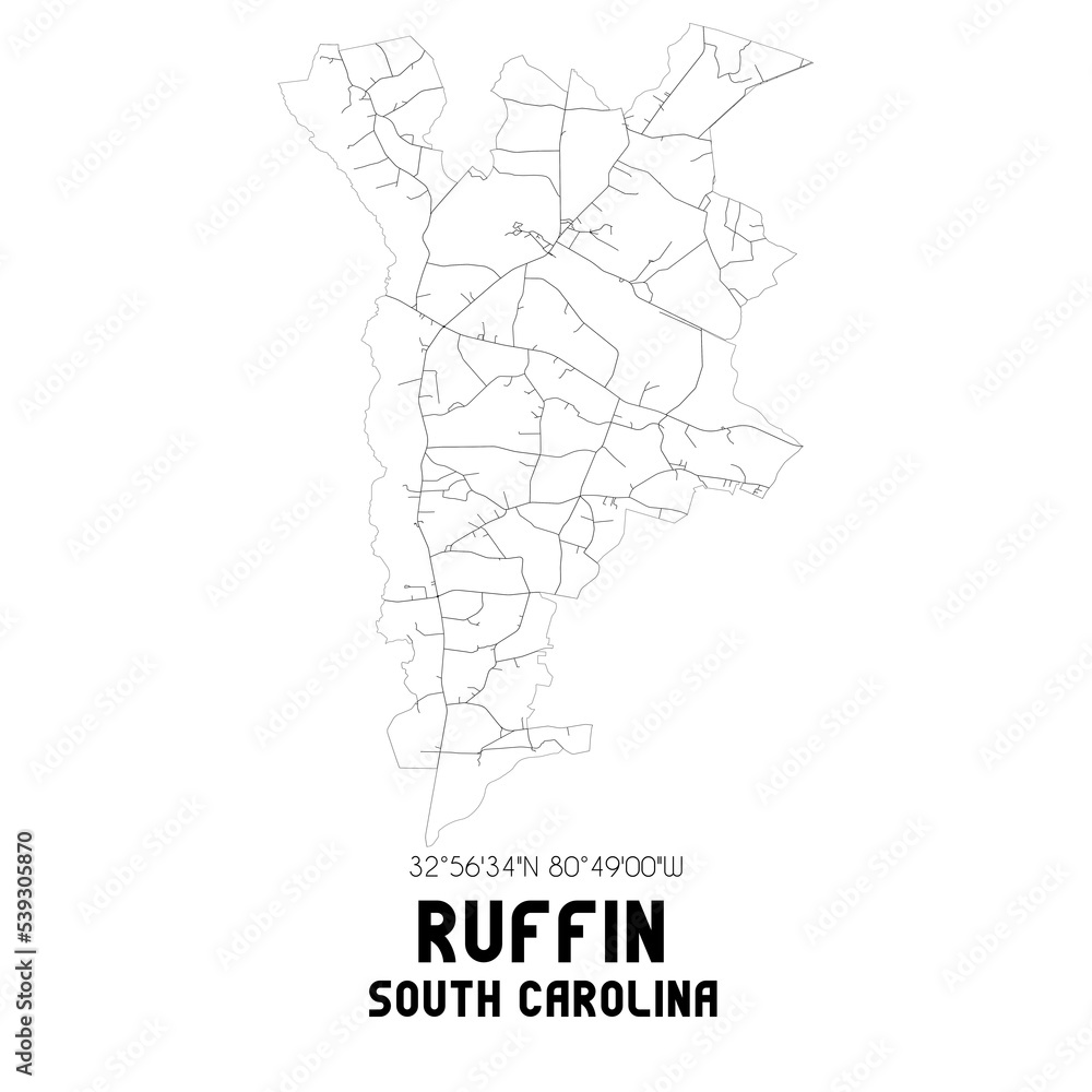 Ruffin South Carolina. US street map with black and white lines.