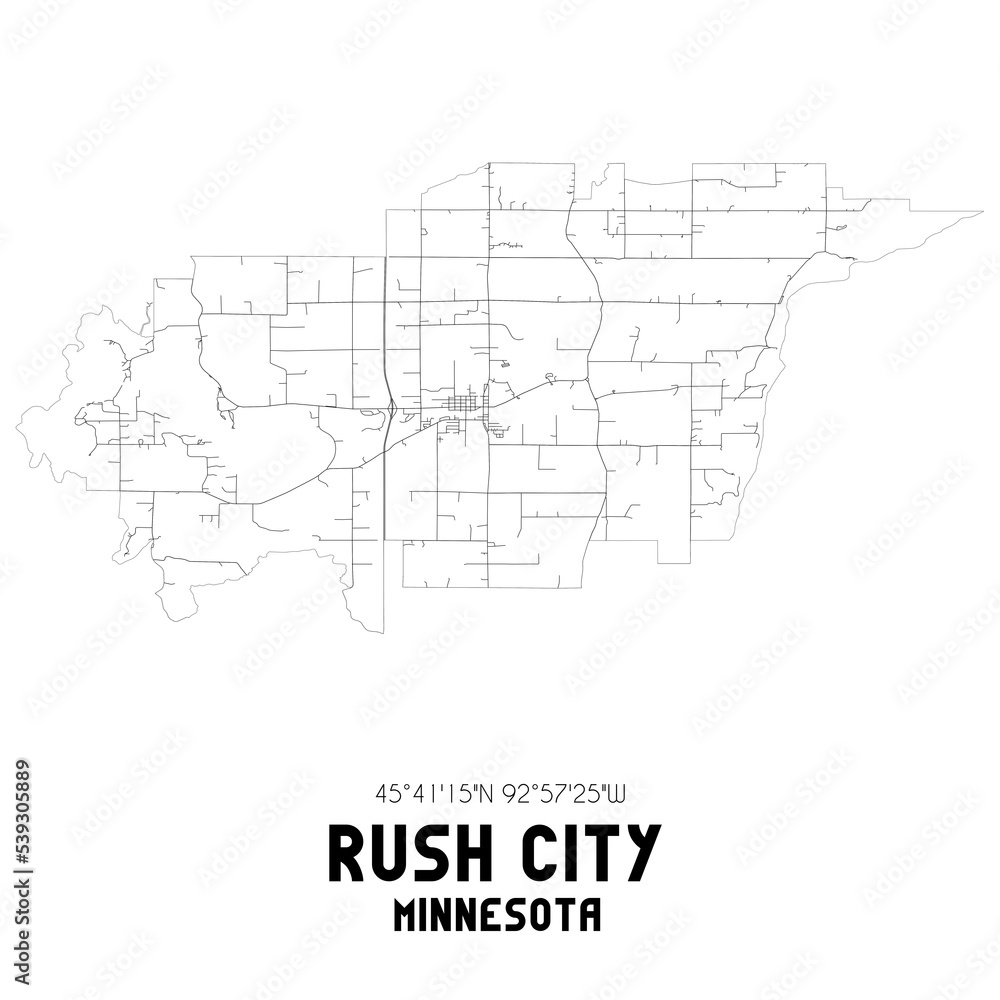 Rush City Minnesota. US street map with black and white lines.