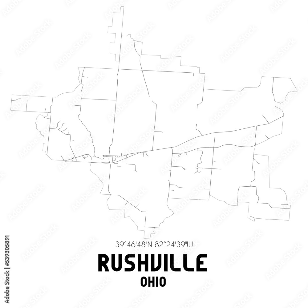 Rushville Ohio. US street map with black and white lines.
