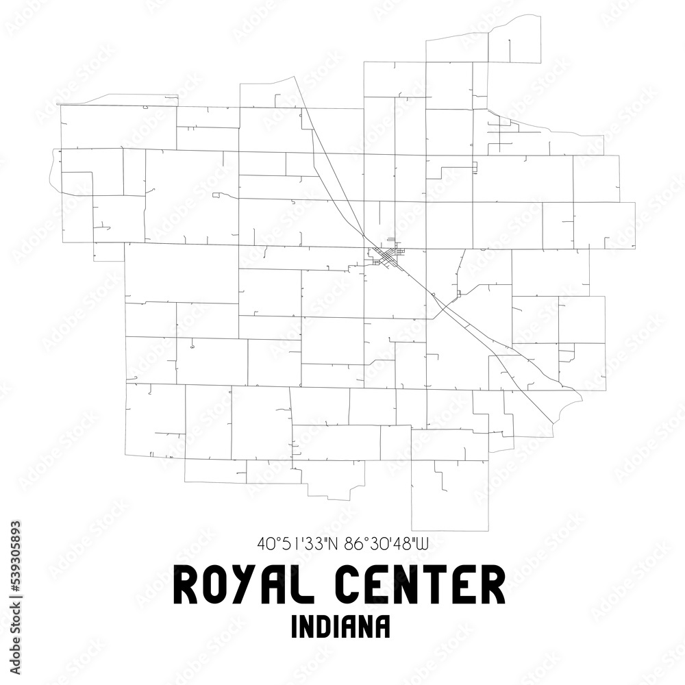 Royal Center Indiana. US street map with black and white lines.