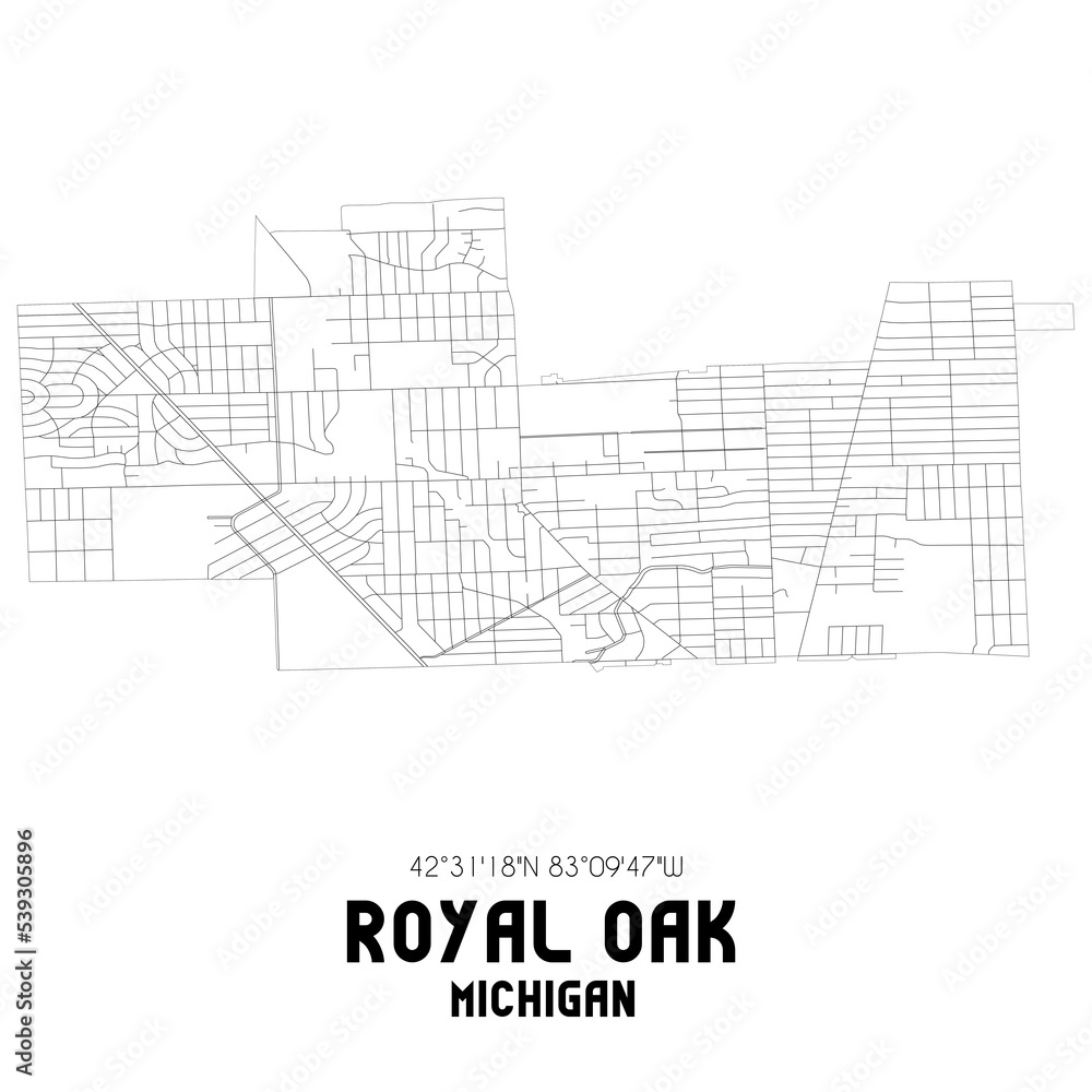 Royal Oak Michigan. US street map with black and white lines. Stock