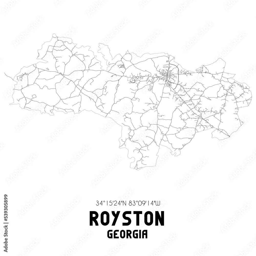 Royston Georgia. US street map with black and white lines.