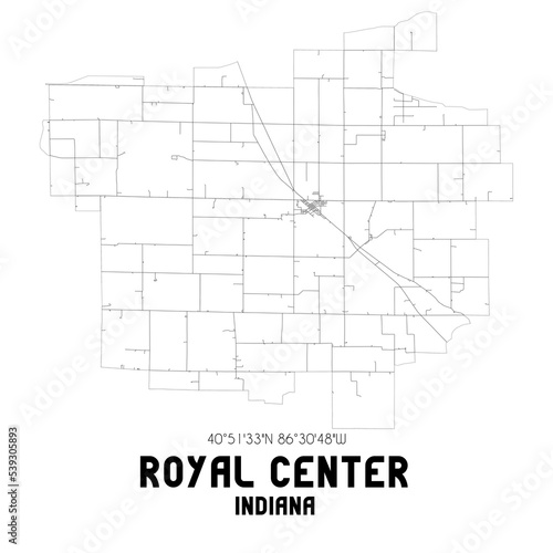 Royal Center Indiana. US street map with black and white lines.