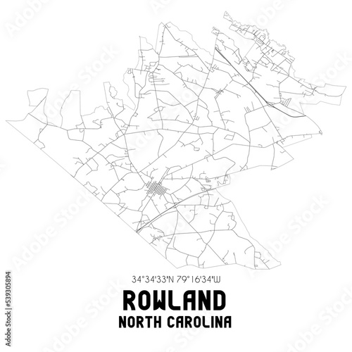 Rowland North Carolina. US street map with black and white lines.