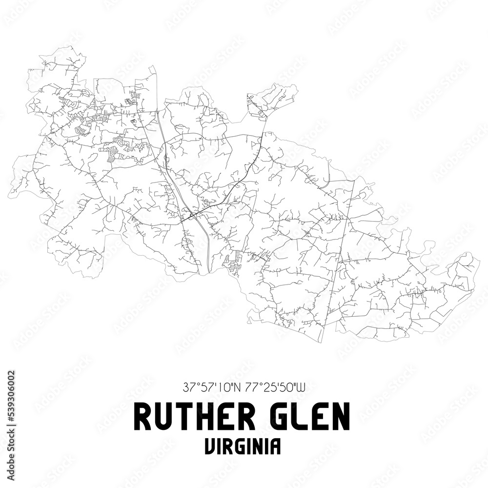 Ruther Glen Virginia. US street map with black and white lines.