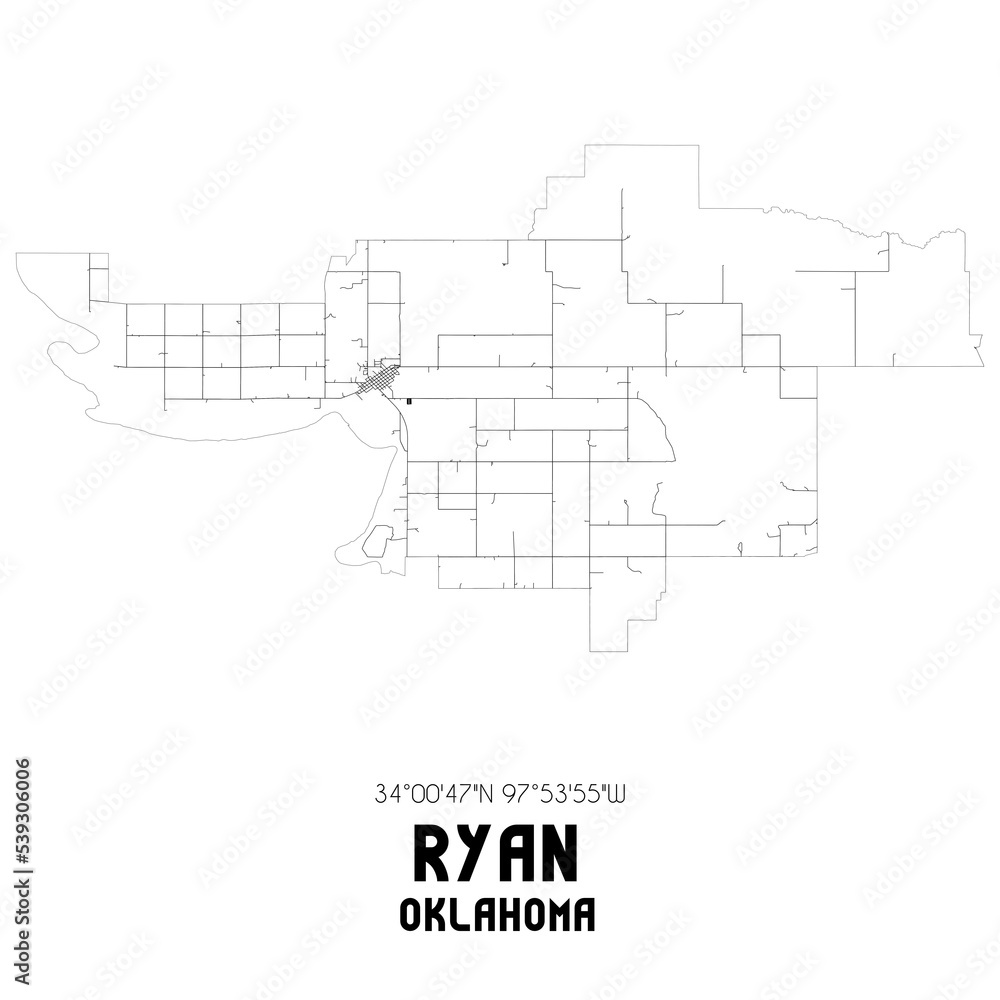 Ryan Oklahoma. US street map with black and white lines. Stock
